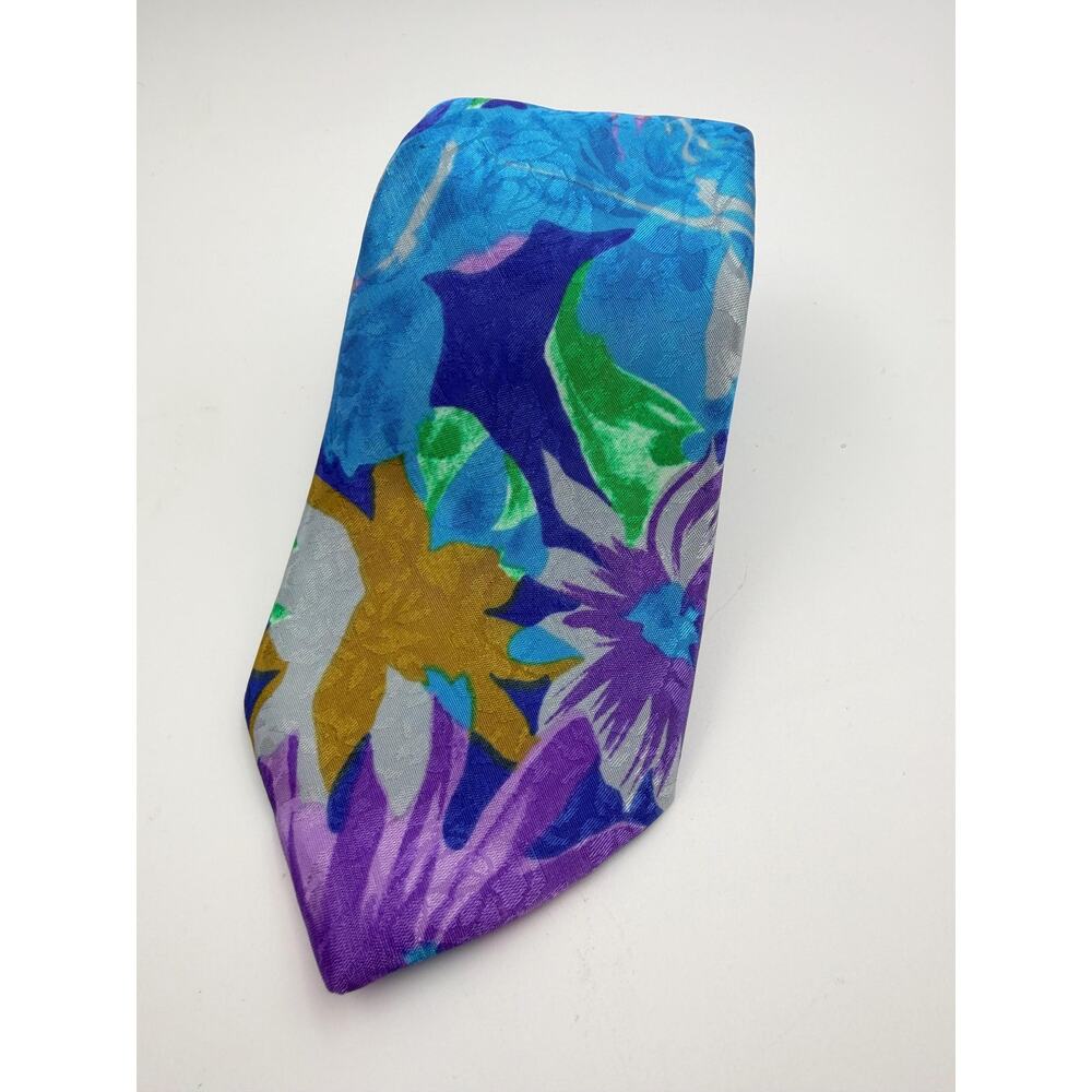 90s Etienne Caron Silk Tie - Abstract Floral Colorful Designer Necktie -61" Long
